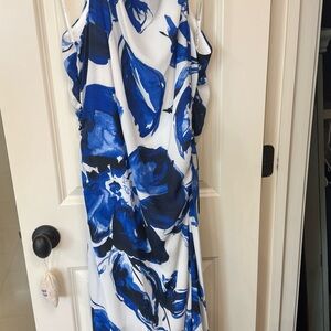 Donna Karan White Midi Dress with Bold Blue Floral Print
